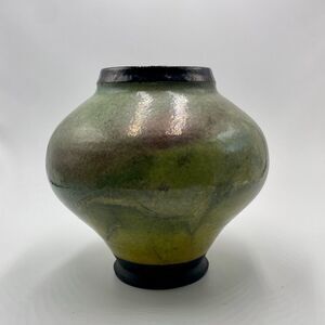 Studio Art Pottery Green Iridescent Glaze Raku Vase Planter Zion Canyon